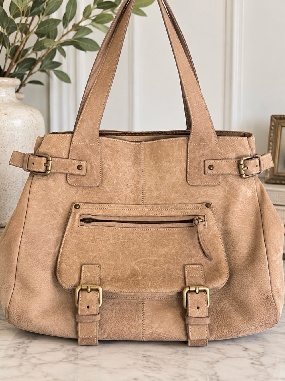 Madi Pelletteria Italy Genuine Leather Buckle Tote Shoulder Bag - Tan/Beige